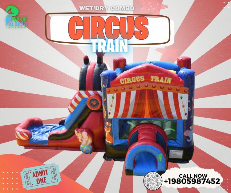 Circus train bounce house with slide